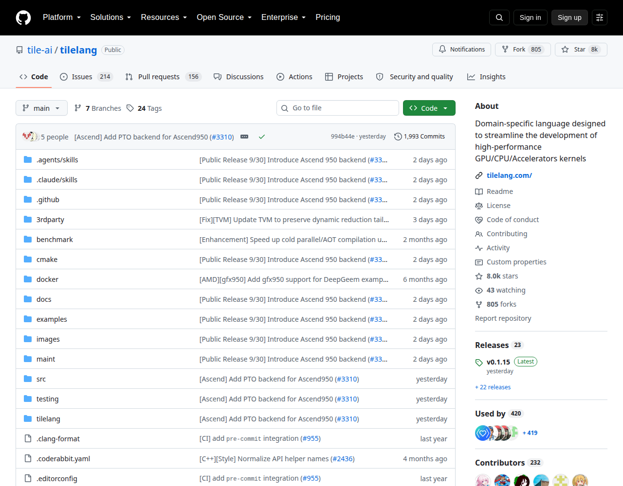 Página do repositório tile-ai/tilelang no GitHub mostrando o commit de suporte ao Ascend 950