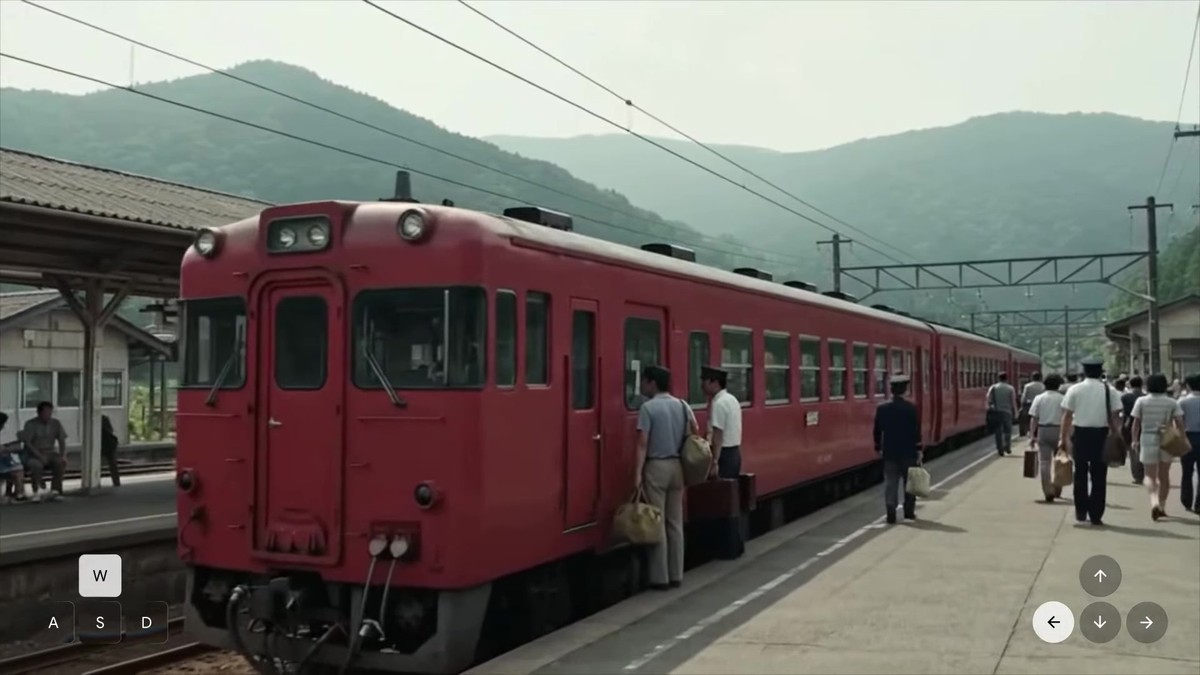 Quadro do vídeo oficial do Genie 4: estação de trem gerada em tempo real, com o painel de comandos do produto